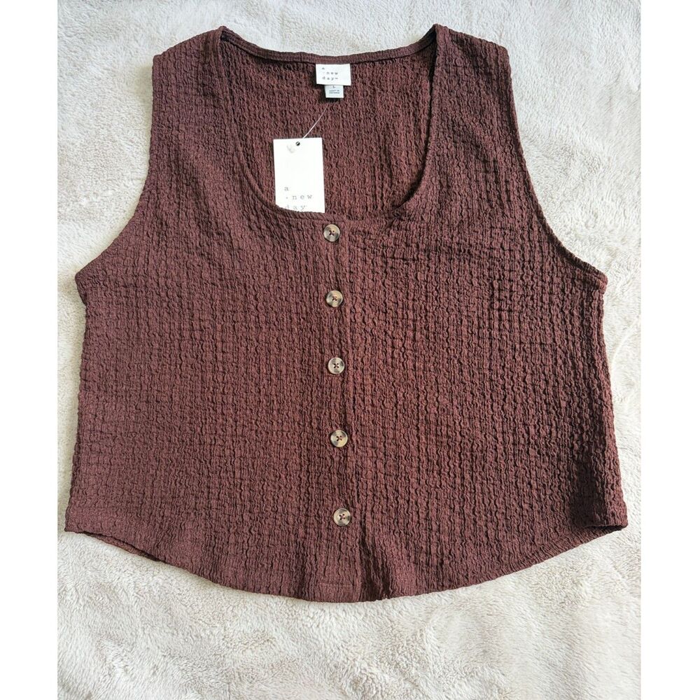 A New Day Brown Textured Sleeveless Top Women’s Large Button Front Crinkle Tank